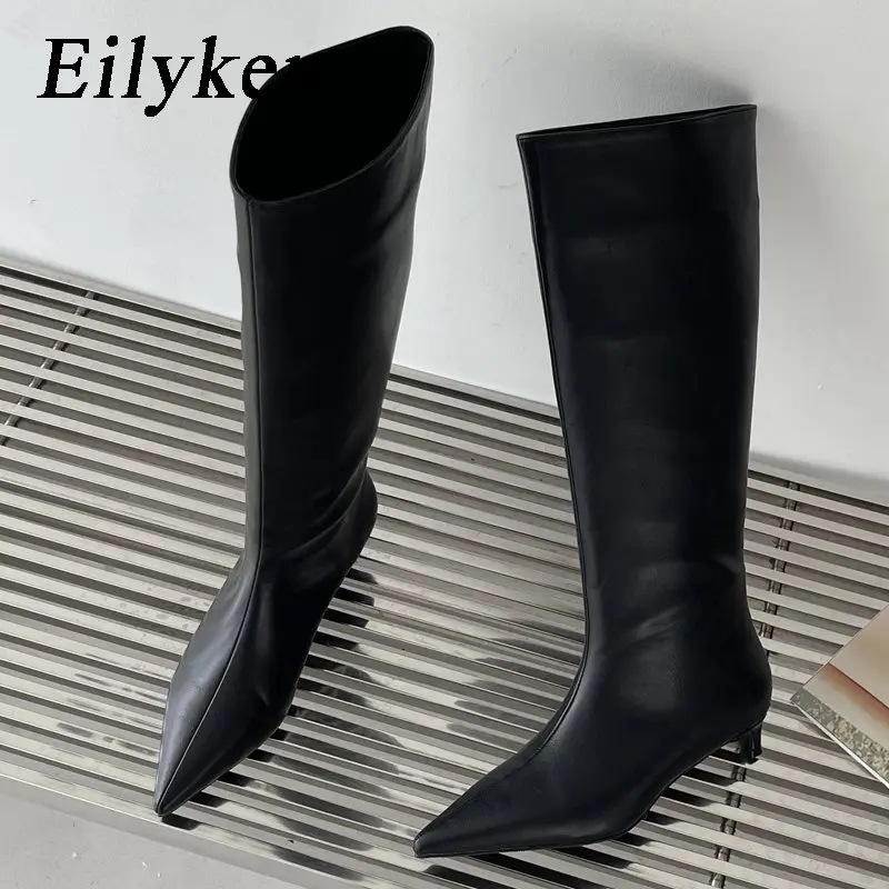 Eilyken-女性用の先のとがったつま先のブーツ 高品質の膝丈のブーツ ローヒールの靴 宴会用 春秋コレクション