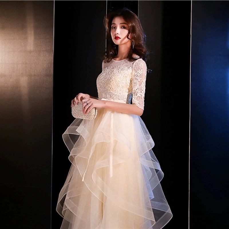 女性用イブニングドレス2025宴会凛々しくエレガントファッションシャンパンカラーホスト誕生日ロングスタイル