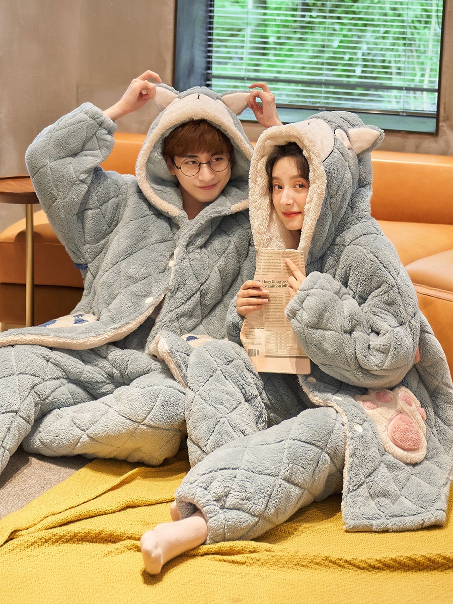 カップルパジャマシーズン三層積層綿女性サンゴベルベットコットンジャケット十代の男性のホームウェアスーツ