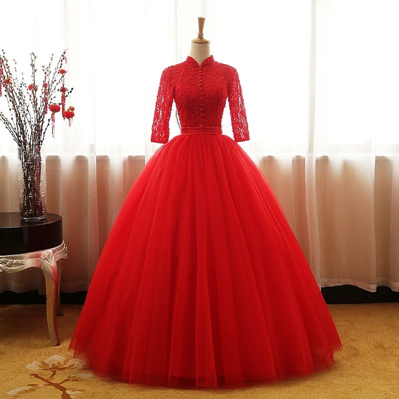 ウェディングドレス 演奏会用ロングドレス カラードレス 人気 ペールオレンジ カラオケ大会 ステージ衣装 レッド