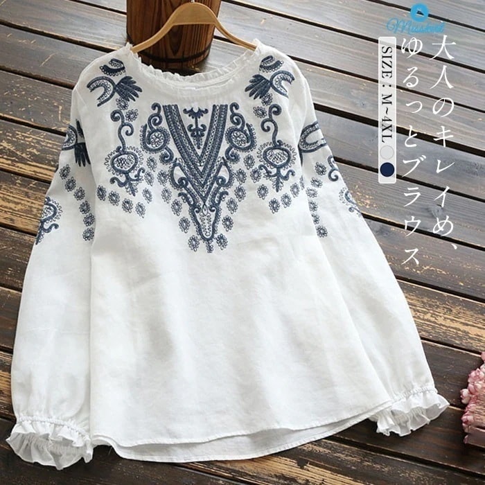 ブラウス シャツ Tシャツ シャツブラウス レディース おしゃれ トップス リネン コットン 春 夏 着心地 大人 長袖 綿麻 花柄 刺繍 ブラウス 可愛い 20代 30代 40代 50代 大きいサイ