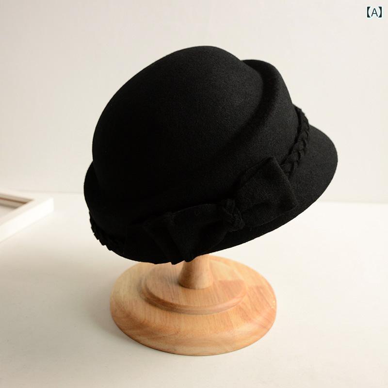 帽子 おしゃれ レディース おしゃれ エレガント ウール フェルトハット 洗面 帽 秋冬 英国 レトロ ボウ ハット フェミニン ボーラー ハット