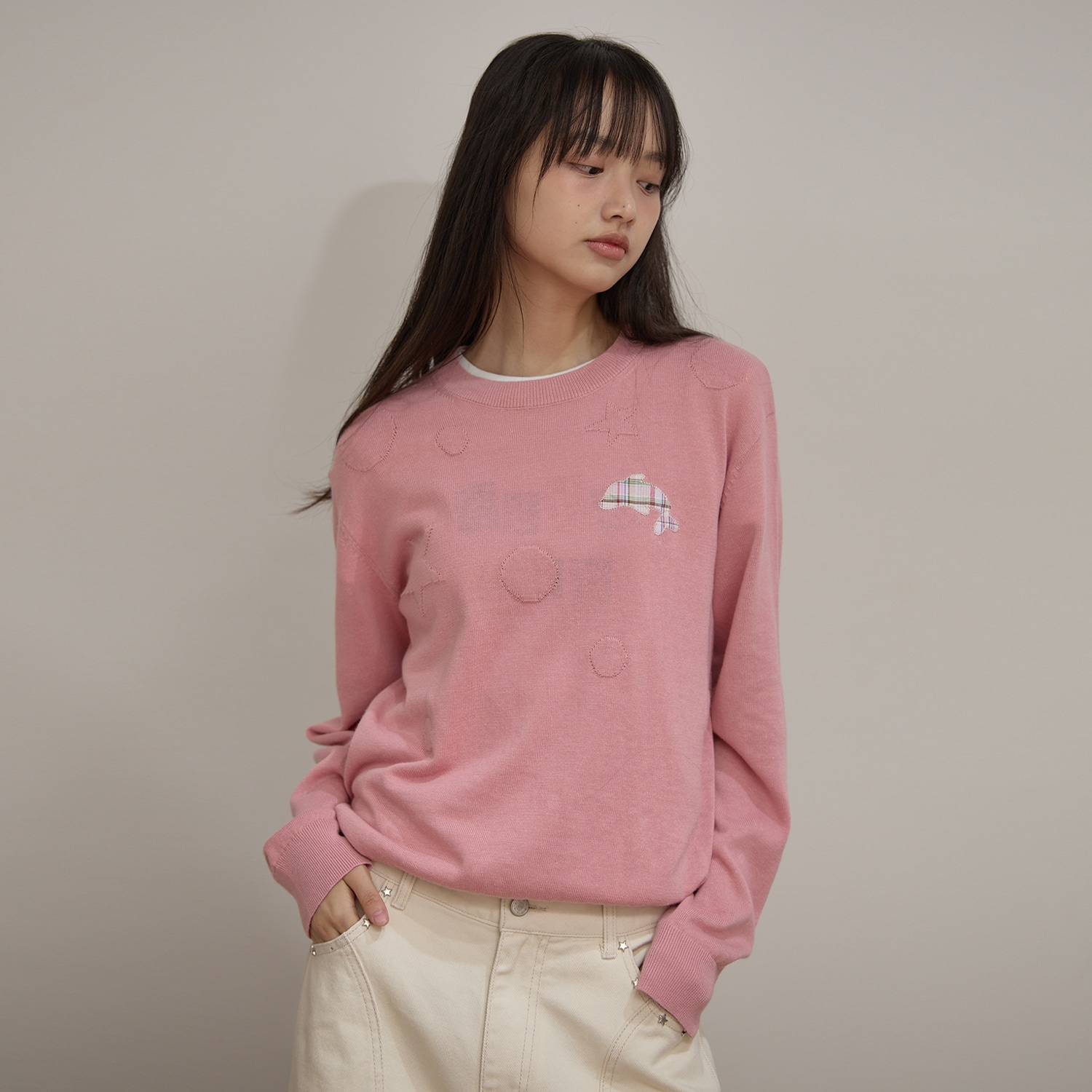 Dolphin Check Applique Crew Neck Knit PINK