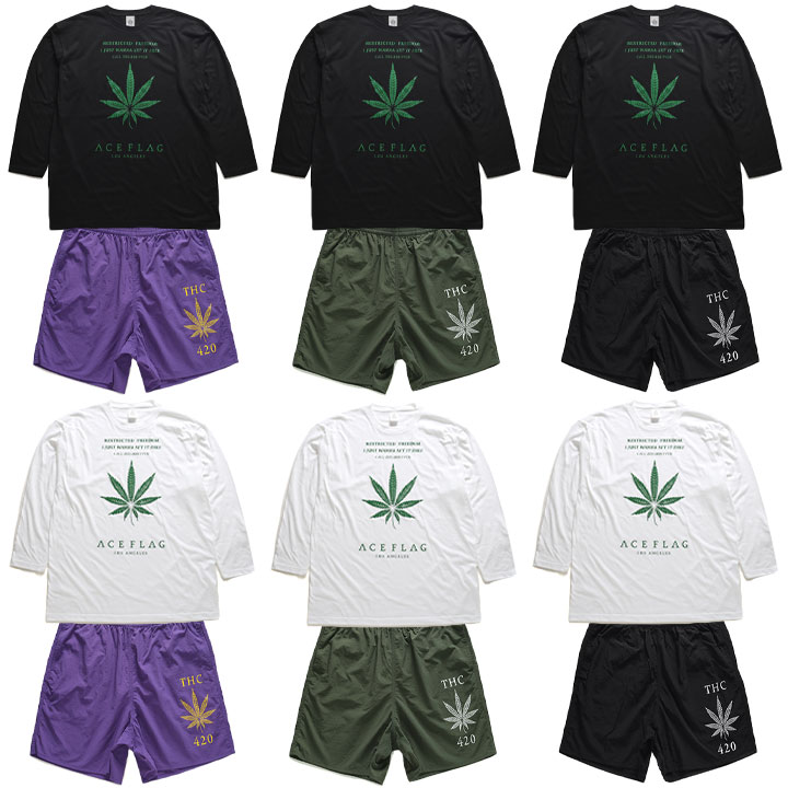 ACE FLAG 上下セット 長袖 ロンT ハーフパンツ メンズ 全6種 大きいサイズ エースフラッグ セットアップ おしゃれ ビッグシルエット 大麻 マリファナ