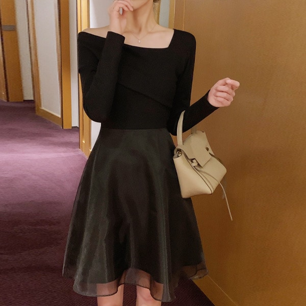 オーガンジー配色アシメネックミニワンピース op14498