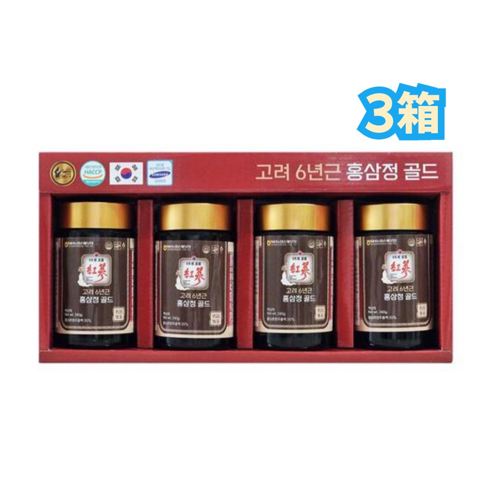 高麗6年根紅参精ゴールド 240g x 4本 3箱/紅参混合抽出液35%+植物混合濃縮液20%+熟地黃濃縮液15%