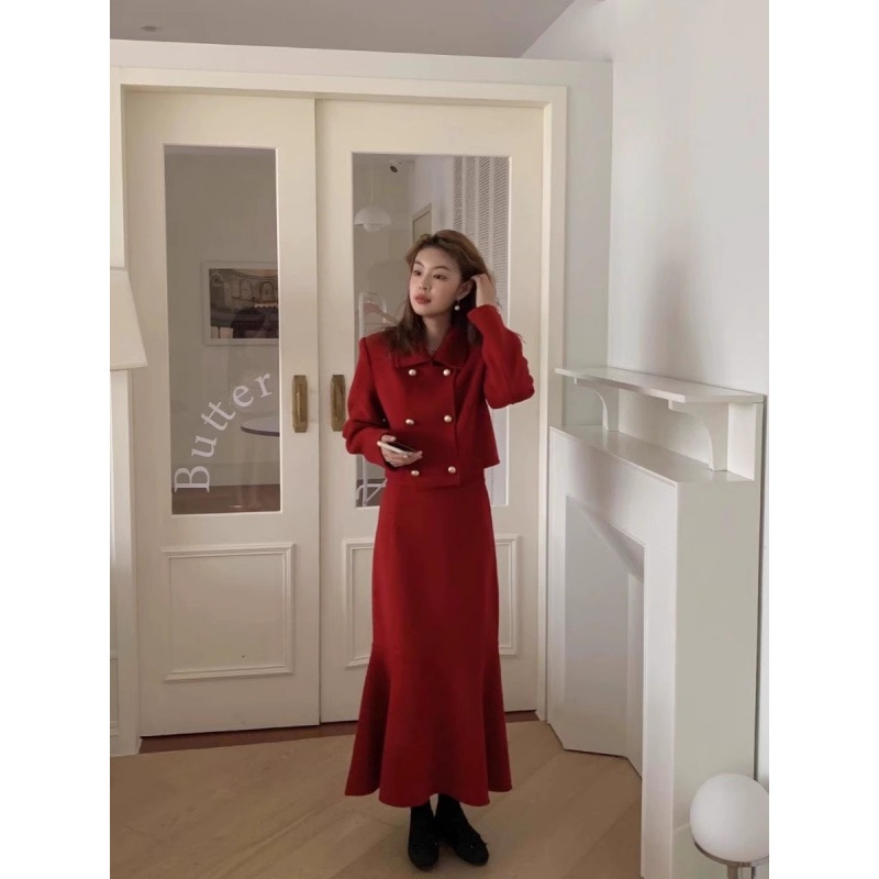 ハイエンドのカスタマイズ-綿フランスの裕福な娘のドレス秋と冬の女性の赤いウールのコートフィッシュテールスカートスーツ 2 点セット
