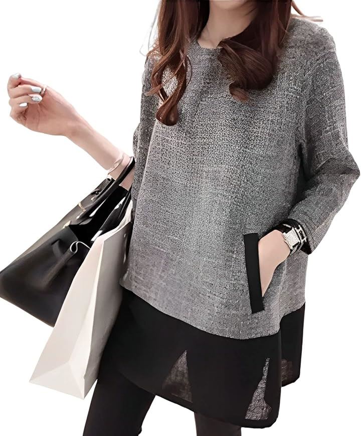 ブランクブラン チュニック ワンピース トップス レディース ツイード 配色 切り替え 体型カバー 切替 春 春夏 演奏会 ビジネス 通勤 オフィスレディース 着痩せ(グレー, L)