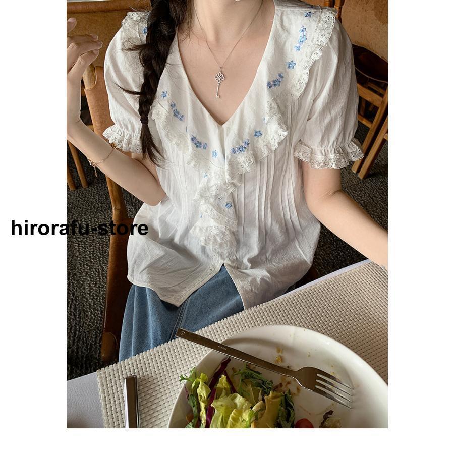 白シャツ ブラウス レディース 夏 コットン vネック パフスリーブ フリルネック 柄 半袖 着痩せ きれいめ かわいい カジュアル 大きいサイ