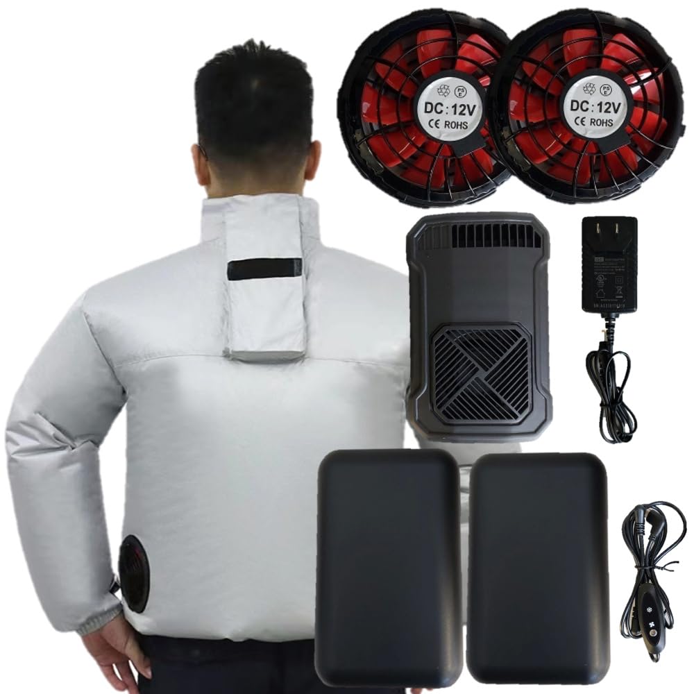 【バッテリー2個】 空調作業服　空調エアコンジャケット ファンケーブルバッテリー エアコンファン付き（夏冬兼用） 合皮バッテリーケース付き 大きいサイズ 12Vバッテリー 12Vファン 冷却 24℃