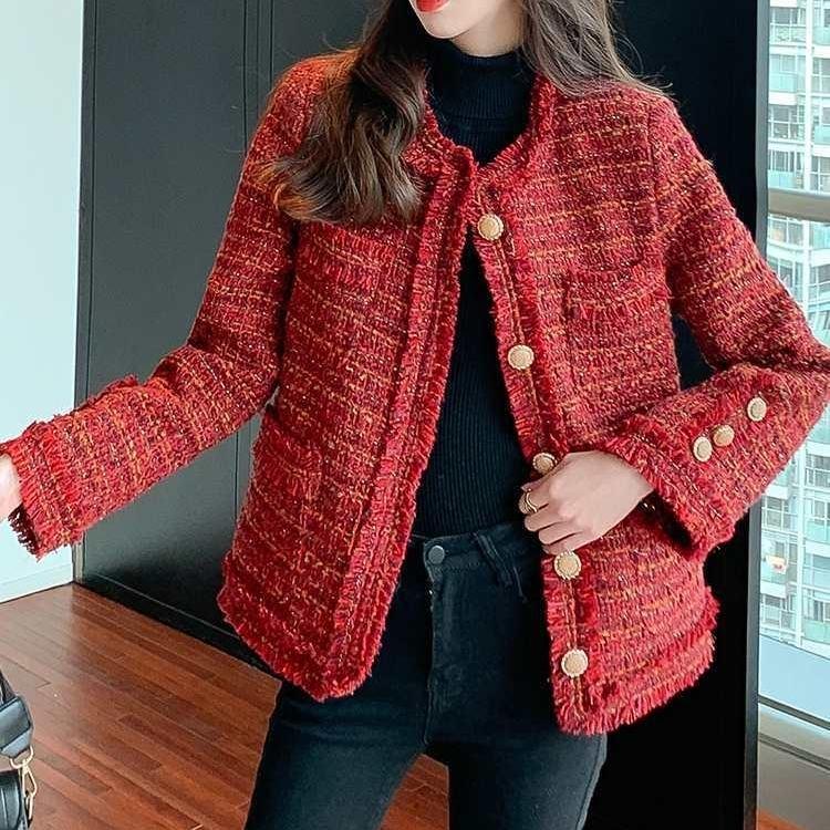 ポケット付き トラッド メタルボタン チェック ツイード 縁取り ノーカラー ジャケット レディース フリンジ