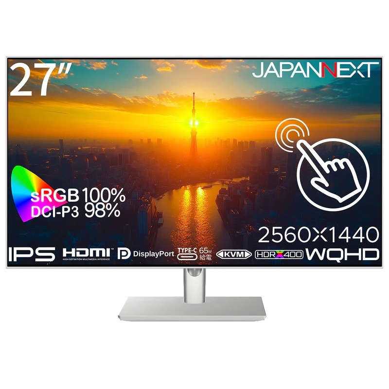 JAPANNEXTジャパンネクスト タッチパネル搭載液晶ディスプレイ(27型/IPS/WQHD 2560×1440/75Hz/8ms/HDR400/HDMI2.0/DP1.2/USB Type-C/