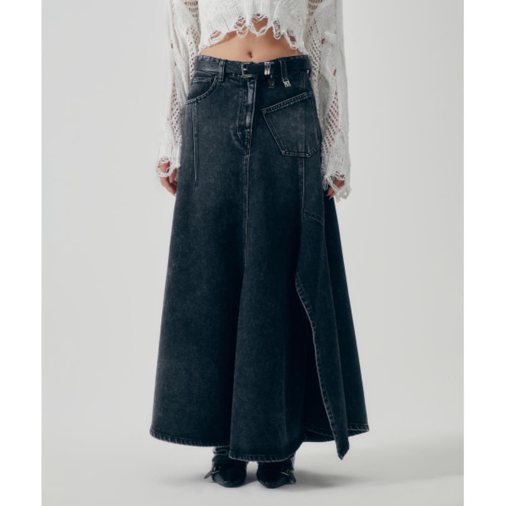 TREEMINGBIRD Panel Line Denim Flare Skirt Black TM2513