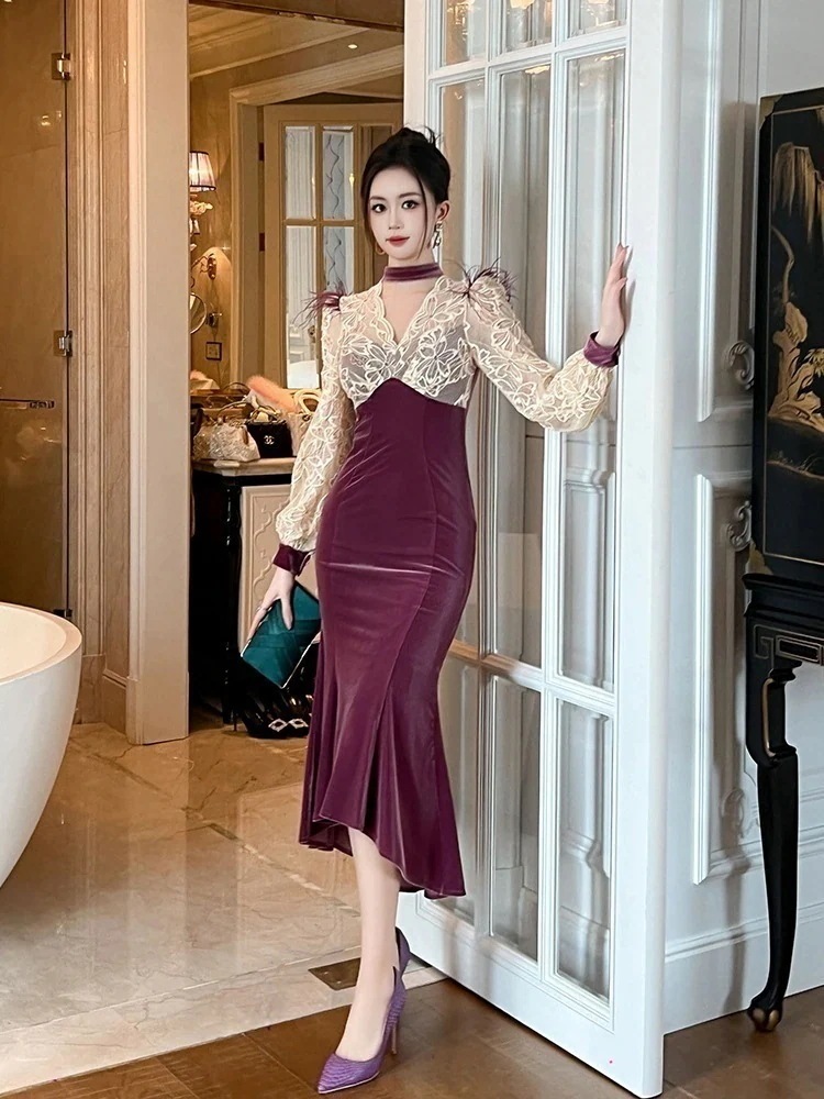 【JY.上品】 2024秋冬 vネック レース ドッキング マーメイドワンピ パーティードレス キャバ 着痩せ 大人 お呼ばれ 同窓会 披露宴 卒業式 結婚式 ウェディング 二次会 成人式30%までに