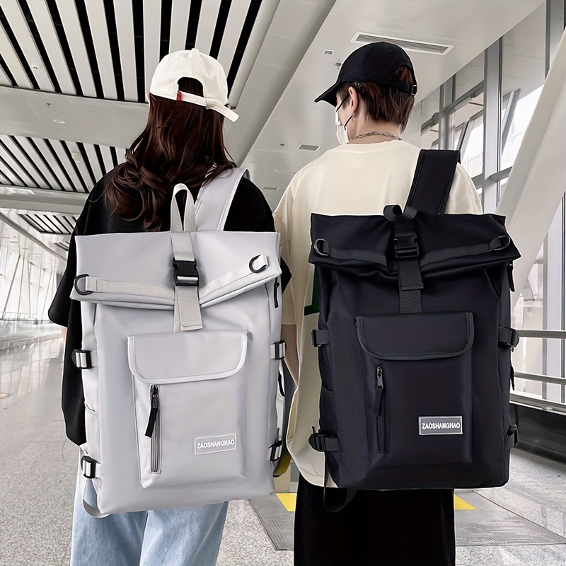 カジュアルスタイルナイロンバックパック調節可能なストラップ付き - 大容量ブラック&グレープリントなしエッジペイント屋外旅行フィットネス日常通勤に最適通勤バックパック 調節可能なス