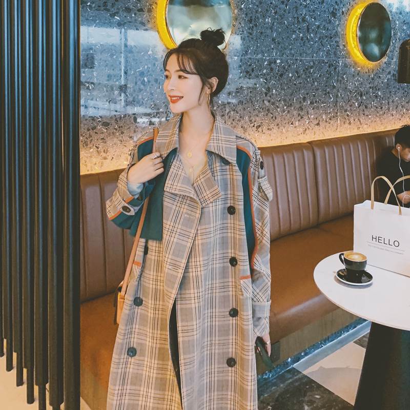 アウター コート トレンチコート ロング丈 マキシ丈 春 秋 チェック柄 ライトブラウン 茶色 マルチカラー 秋カラー 襟付き 長袖 ボタン ダブルブレスト ポケット S M L XL カジュアル レ