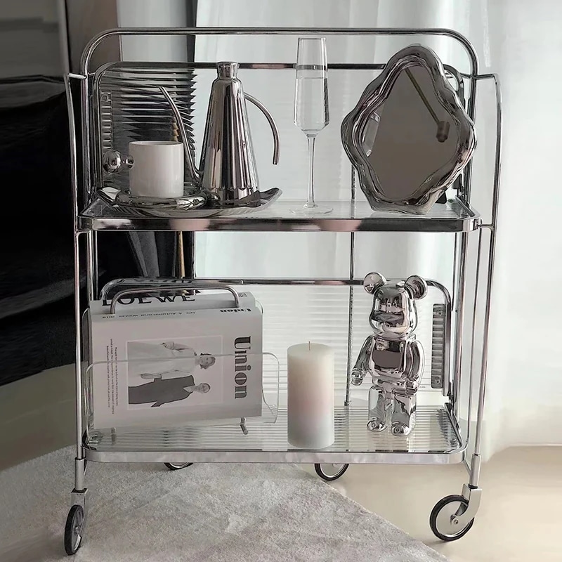 透明なガラスの折りたたみカート ラック モバイルコーヒーテーブル 韓国インテリア雑貨