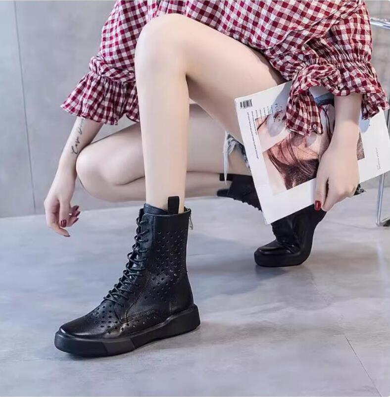 ショートブーツ サマーブーツ 本革 レディース フラット 疲れない サンダル ブーツ レースアップ メッシュ 靴 軽量 透かし雕り 夏 旅行 通勤 仕事 グラディエーター 歩きやすい シューズ カジュ