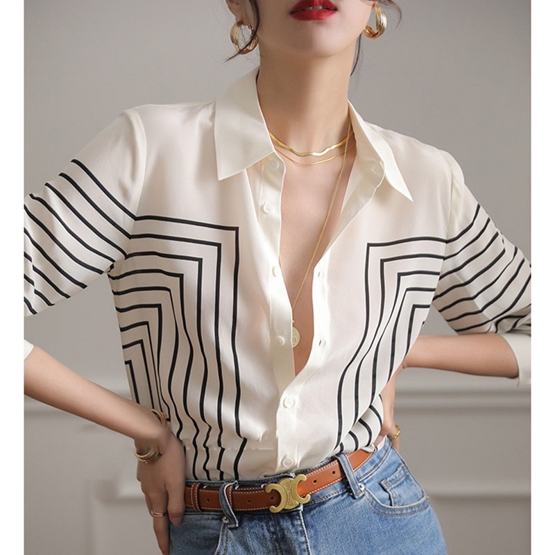 ラインデザイントップス 春秋長袖トップス プリントシャツ カジュアル長袖シャツ トップス シャツ ブラウス 白シャツ 白トップス 袖あり 長袖 Vネック 襟付き スリム 細身 ストレート Iライン