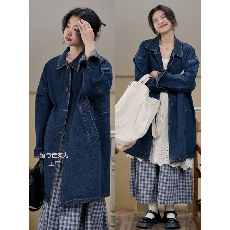 2025 秋の新和風シンプルなウォッシュデニムウインドブレーカージャケット女性の春ミドル丈ルーズスリムトップ 4,728円
