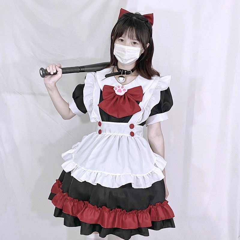 ハロウィーン黒紅メイド服暗黒系学院ロリータ小悪魔女巫婆ワンピース