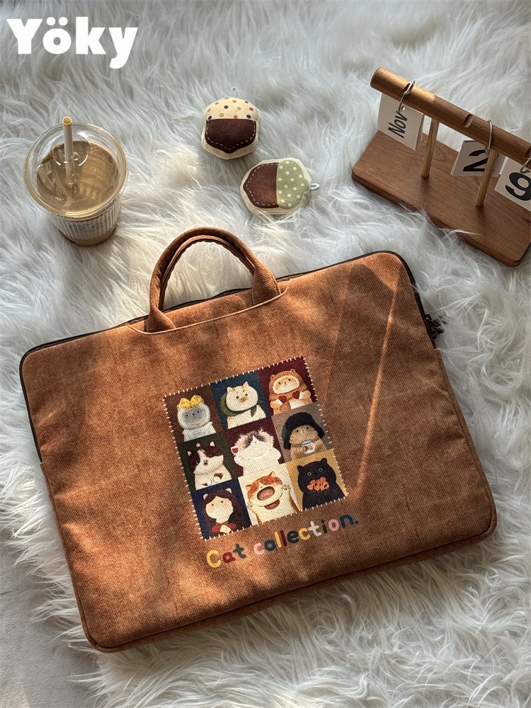 激安セール 手提げネコ刺繍ブラウン PC バッグ大人可愛いゆる雰囲気通勤通学用大容量ノートパソコンケース