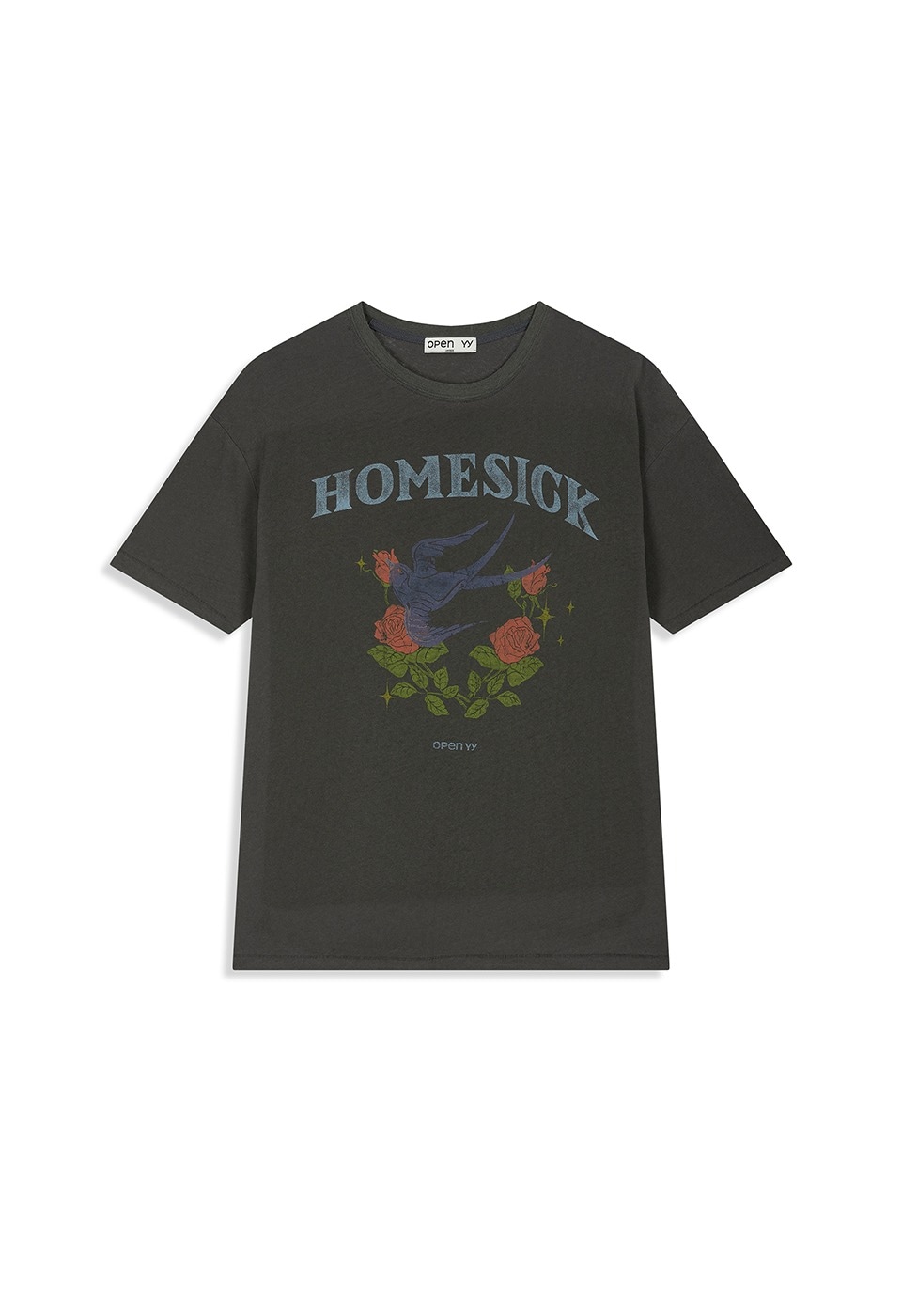 【OPEN Yy】 ROSE & SWALLOW TEE : CHARCOAL
