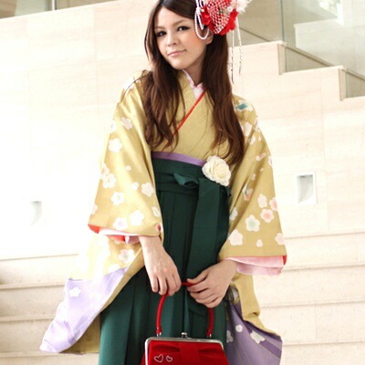 レンタル卒業式 袴 レンタル 女 袴セット 女 卒業式袴セット2尺袖着物＆袴 フルセットレンタル 安い 黄色と紫の染め分け地に梅と書物ハカマ はかま rental