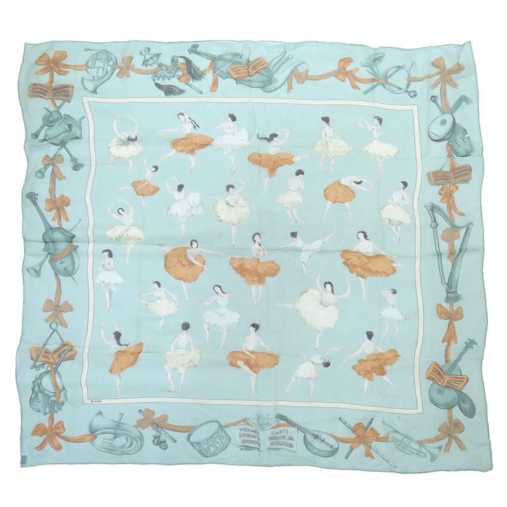 美品 カレ90 LA DANCE ラ ダンス バレリーナ スカーフ シルク/シルクサテン グリ―ン 0125【中古】 レディース
