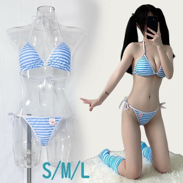 超人気 水着 三角ビキニ 上下セット レディース ホルターネック ストライプ かわいい 水色 水着 撮影 温泉 プール ビーチ 海 夏 ブラジリアンビキニ S M L ec117t2t2t2