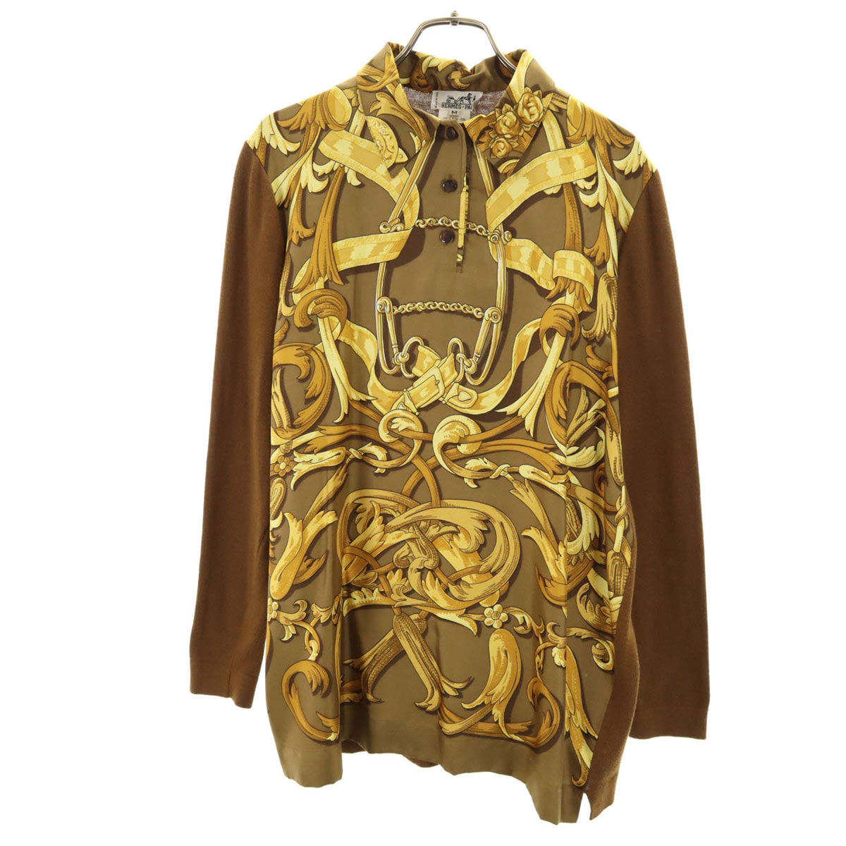 イタリア製 オールド 総柄 長袖 ニット切り替え シャツ M ブラウン レディース 古着