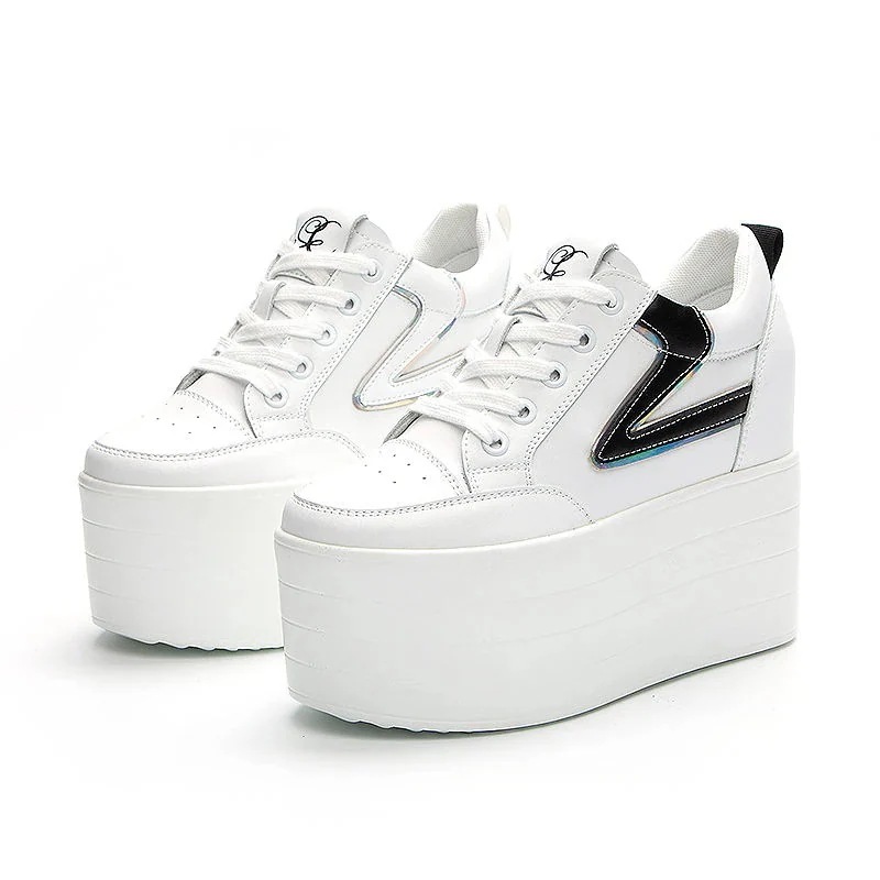 本革 プラットフォームスニーカー 12cm ウェッジプラットフォーム 隠しハイヒール カジュアル 通気性 春秋冬秋 加硫