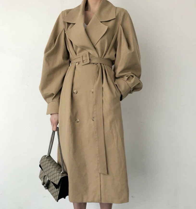 アウター コート 上着 トレンチコート ミモレ ミモレ丈 袖あり 長袖 Vネック 襟付き ストレート ベルト ウエストマーク ポケット ハイウエスト 前開き 厚手 かわいい 大人可愛い きれいめ