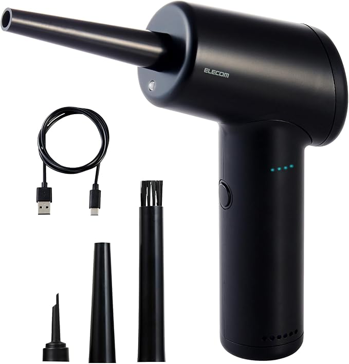 エレコム 電動エアダスター 充電式 強力 逆さ噴射可能 3段階風量調整 49000rpm高速回転 最大風速28m/s LEDライト付き 3種類ノズル付き ADWALBB01BK