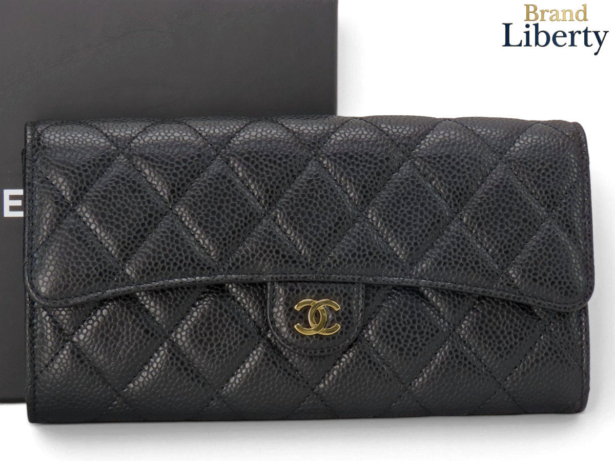 未使用シャネルCHANELマトラッセココマーククラシックロングフラップウォレットキャビアスキン二つ折り長財布ブラックゴールド金具グレインドカーフスキンAP0241A80758