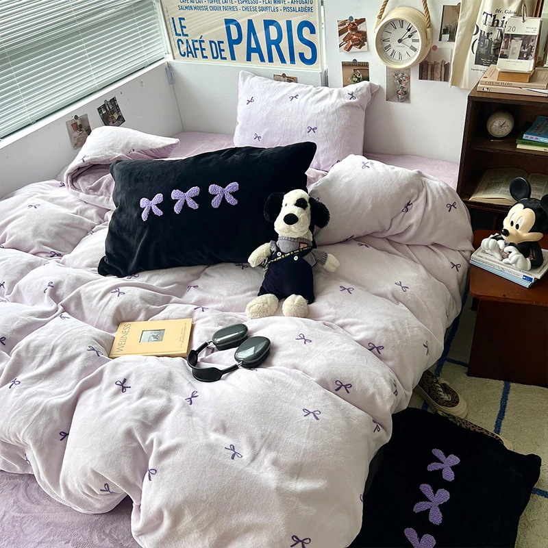 シンプルハートリボン ライトパープル ミルクファライス 3時・4時セット 1.5m1.8ベッドシーツ 掛け布カバー