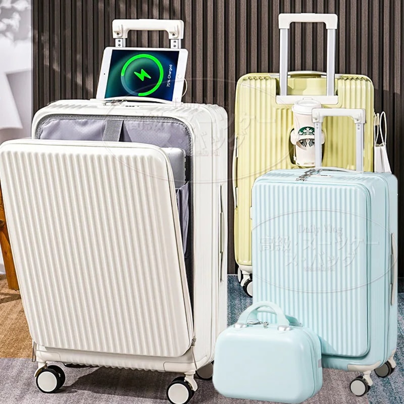 多機能前開口スーツケース 【大きな箱を買うとポーチをプレゼントし】 s-xlサイズのスーツケース 充電可能なカップホルダー付き携帯ホルダー付きスーツケース 材質の暗号箱を厚くしました
