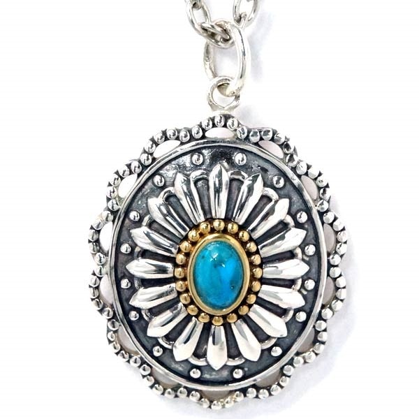 インディアンジュエリー ペンダント ネックレス 天然石 ターコイズ イエローゴールド フラワー 花 飾り彫り メンズ レディース シルバー925