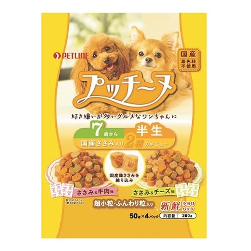 いぬのしあわせ ペットライン プッチーヌ 半生 7歳から 国産ささみ入り 200g(50ｇ4) ソフト 国産 無着色 アソート 小分け 200g(50g4)12個 (ケース販売)