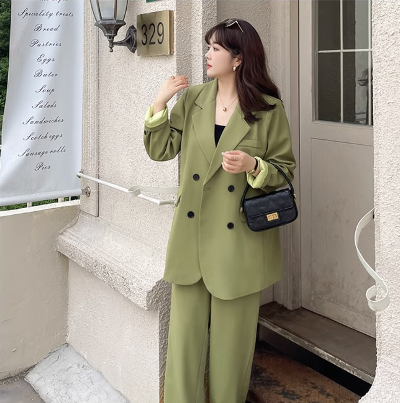 レディース ジャケット パンツ ロングパンツ ワイドパンツ 膝下 丈長 長袖 ボリューム袖 襟付き 角襟 ワイド Iライン ポケット 前開き 大人可愛い カジュアル おしゃれ かっこいい レトロ