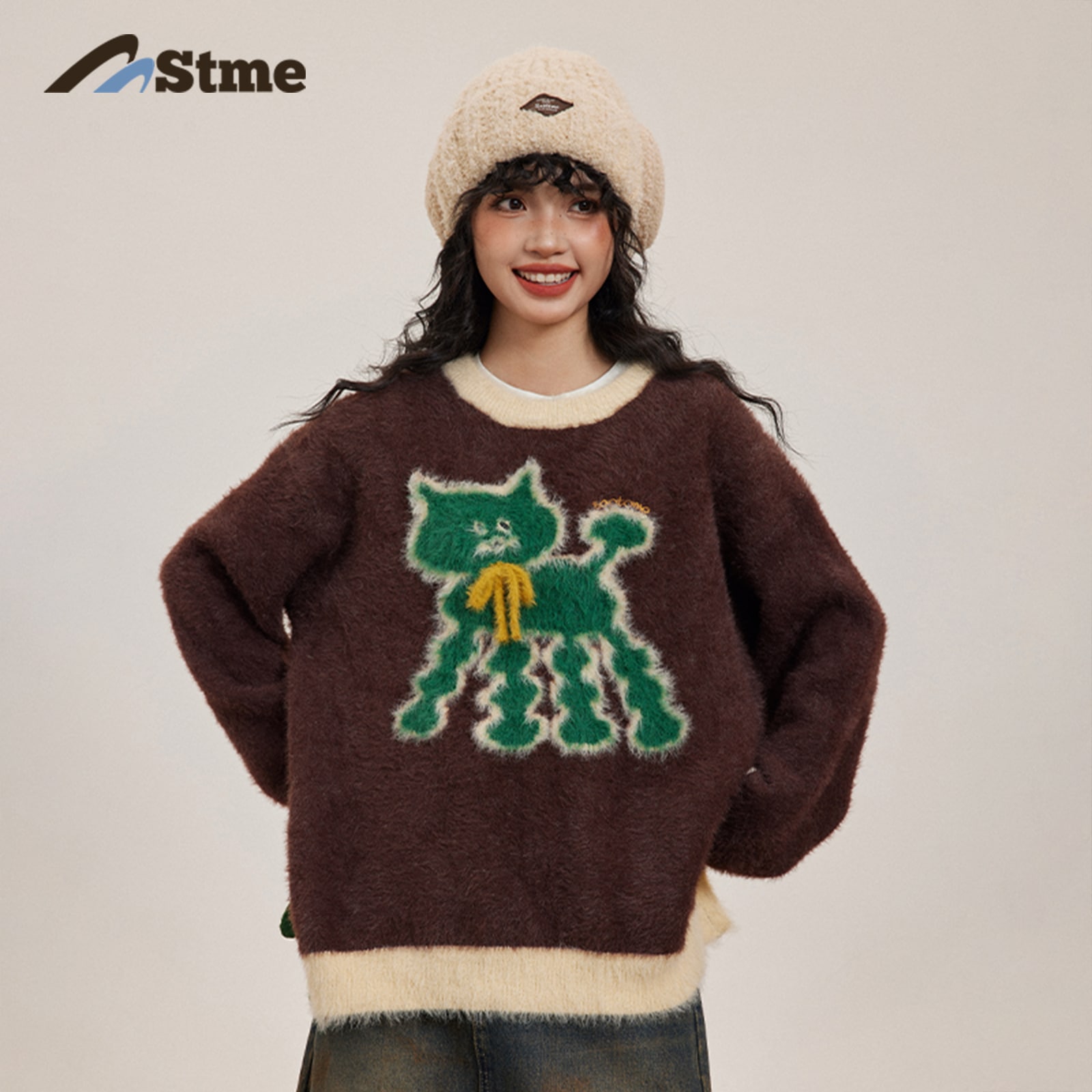 早乙女恵子 さおとめ 和風レトロ万能コントラストカラーフライドファー子猫イミテーションミンクセーター