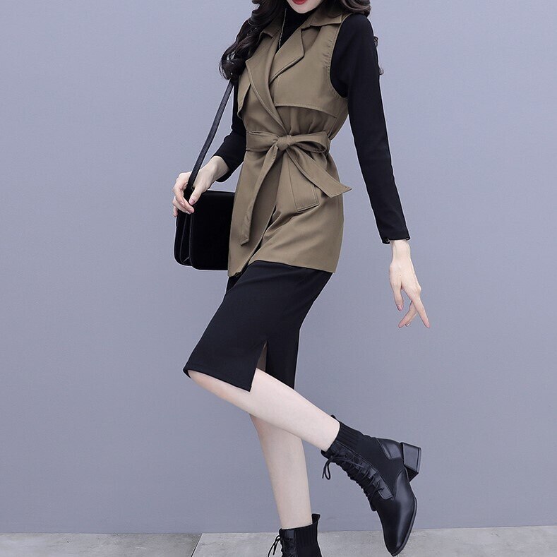 2color レディース アウター 上着 ベスト 袖なし ノースリーブ 襟付き ウエストリボン トレ