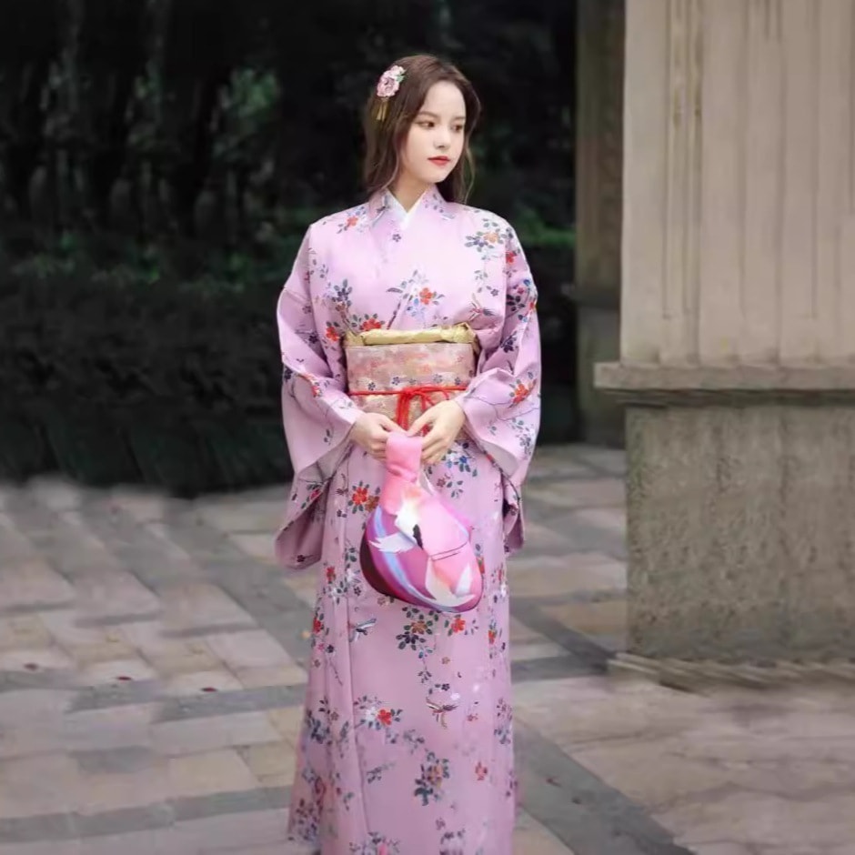 【送.料.無.料.急速発送】浴衣淡雅紫花鳥レトロゆったりワンピース舞台衣装着物