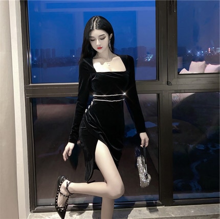 ベロアワンピース ワンピース フレアワンピース ワンピドレス 膝丈 ひざ丈 袖あり 長袖 スクエアネック スリム タイト ウエストマーク スリット ハイウエスト かわいい 大人可愛い きれいめ