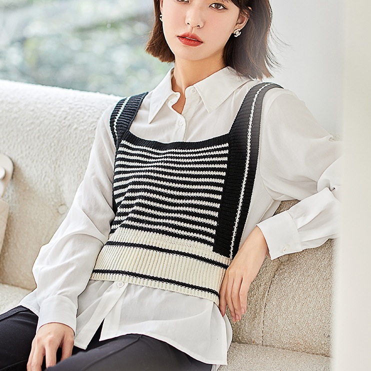 長袖シャツ ニットベスト トップス シャツ ブラウス ベスト ショート 袖あり 長袖 襟付き 前開き 2点セット ツーピース かわいい 大人可愛い きれいめ シンプル カジュアル 大人 上品 おしゃれ