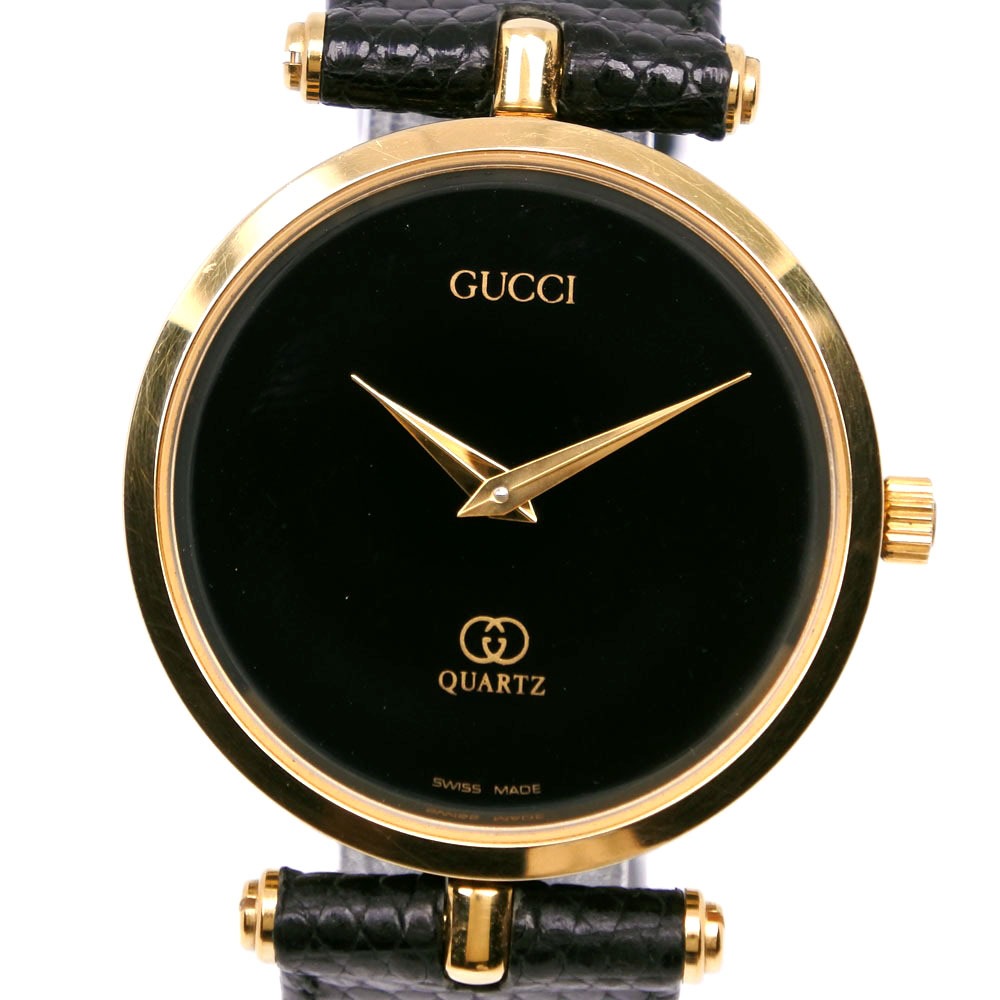 シェリー 腕時計 金メッキ 型押しレザー クオーツ アナログ表示 ボーイズ 黒文字盤 中古品