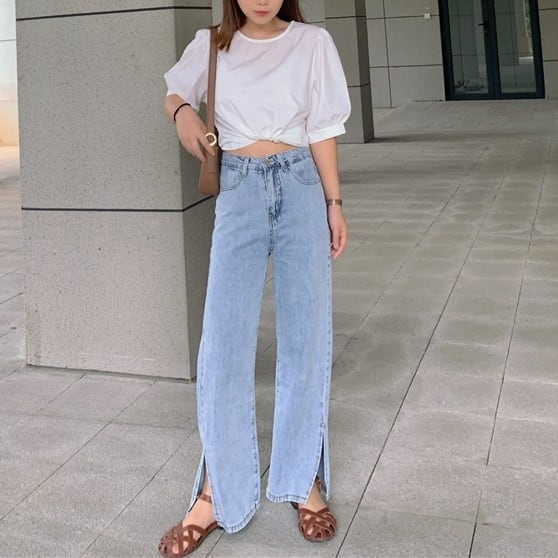 ジーンズ ボトムス 長ズボン ワイドジーパン スリットタック ハイウエスト ウォッシュ加工 10分丈 9分丈 スキニー スリット ストレッチ 美脚 動きやすい 韓国 かわいい 可愛い リラックス lb