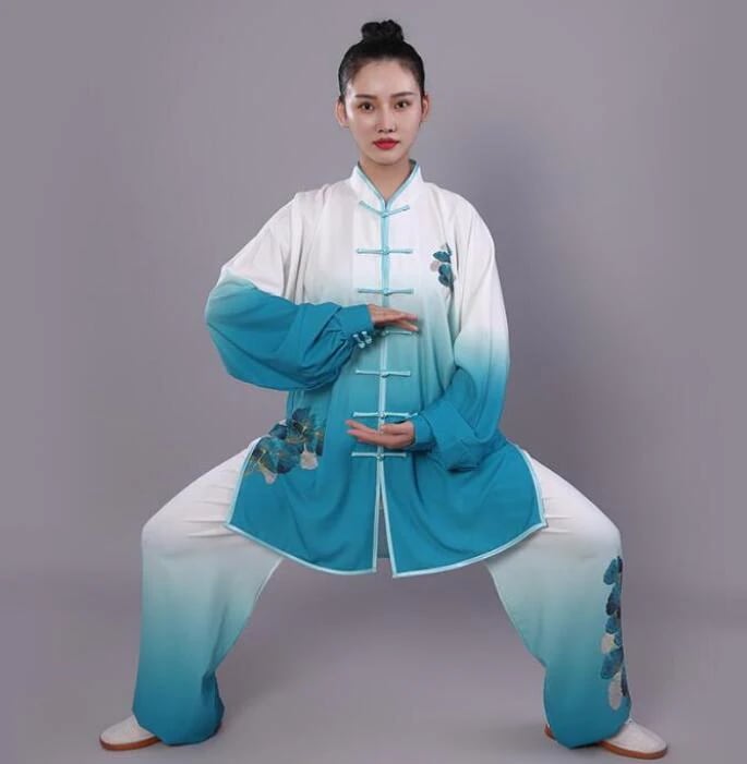 人気爆発大人太極拳 ウェア 上下セット グラデーション 舞台服 ステージ衣装 太極拳服 銀杏柄 男女兼用 武術服 カンフー ウーシュー チャイナ服 武術 太極拳 功夫 練功服 大極拳パンツ 文化祭 学