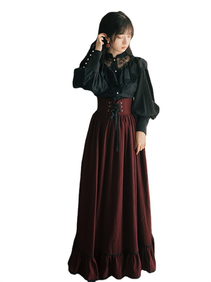 クラシックロリータSKアルパインガールレースアップフリルストライプコットンリネンロリータスカート　赤X黒　上下セットお茶会　学園祭　文化祭　イベント