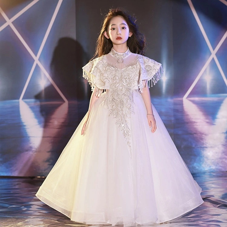 子供ドレス シャンパン色 立ち襟 ピアノ発表会ドレス 演奏会ドレス ロング 女児ドレス 刺繡 スパンコール フリンジ ビーズ キレイめ ロングドレス 女の子 キッズドレス フォーマル 100~160c